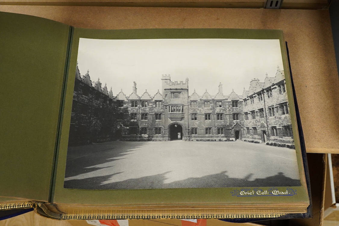 An Edwardian decorated photograph album relating to Oriel College, University of Oxford & Westminster School, with hand painted decorated titles for each mounted photograph, black-and-white photographs and bound in Oxfor